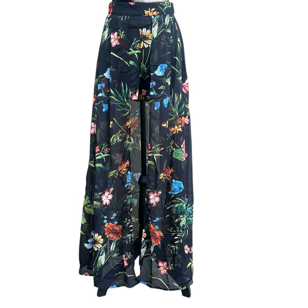 Sans Souci Floral Maxi Skirt with Built-in Shorts Black Chiffon High Slit NWT